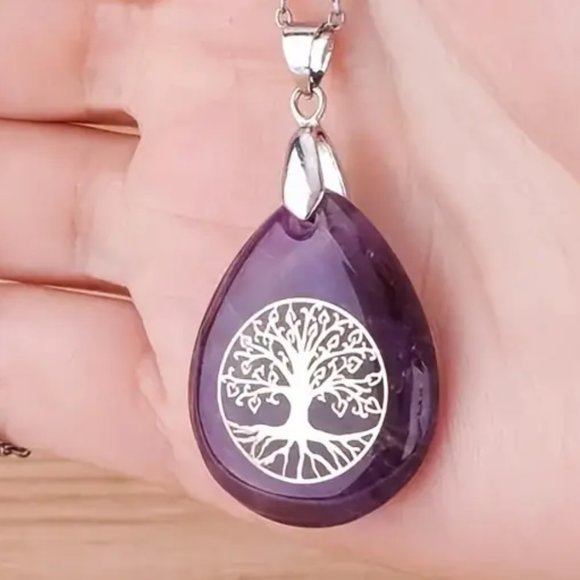 Amethyst Tree Of Life Natural Stones Necklace Gemstone Healing Pendant - Picture 2 of 2